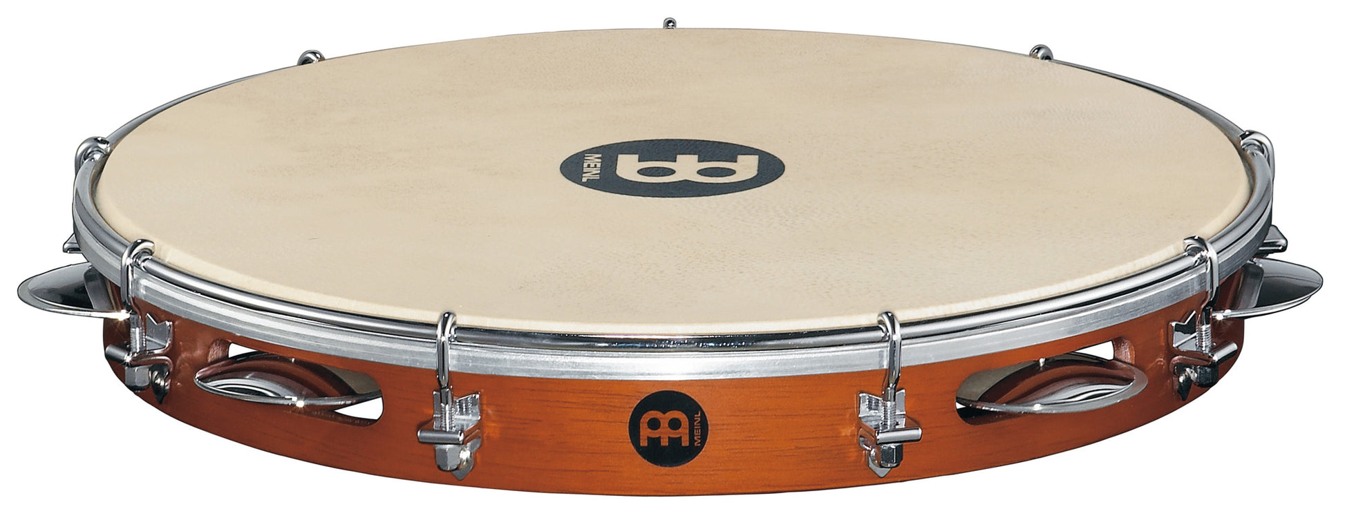 Pandeiro 12", fût hévéa, peau de chèvre remplaçable, accastillage chromé, 1 rangée de cymbalettes, couleur châtaigne