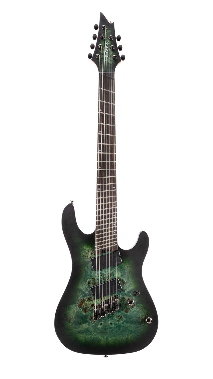 KX507MS, modèle 7 cordes, corps acajou, table peuplier figuré, touche ébène, micros Fishman Fluence, star dust green