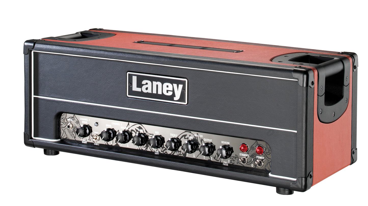 Tête à lampes 100W Class A/B (4x EL34), préampli à lampes (4x ECC83), 2 canaux, EQ 3 bandes, réverb, 21.5 kg, rouge et noir