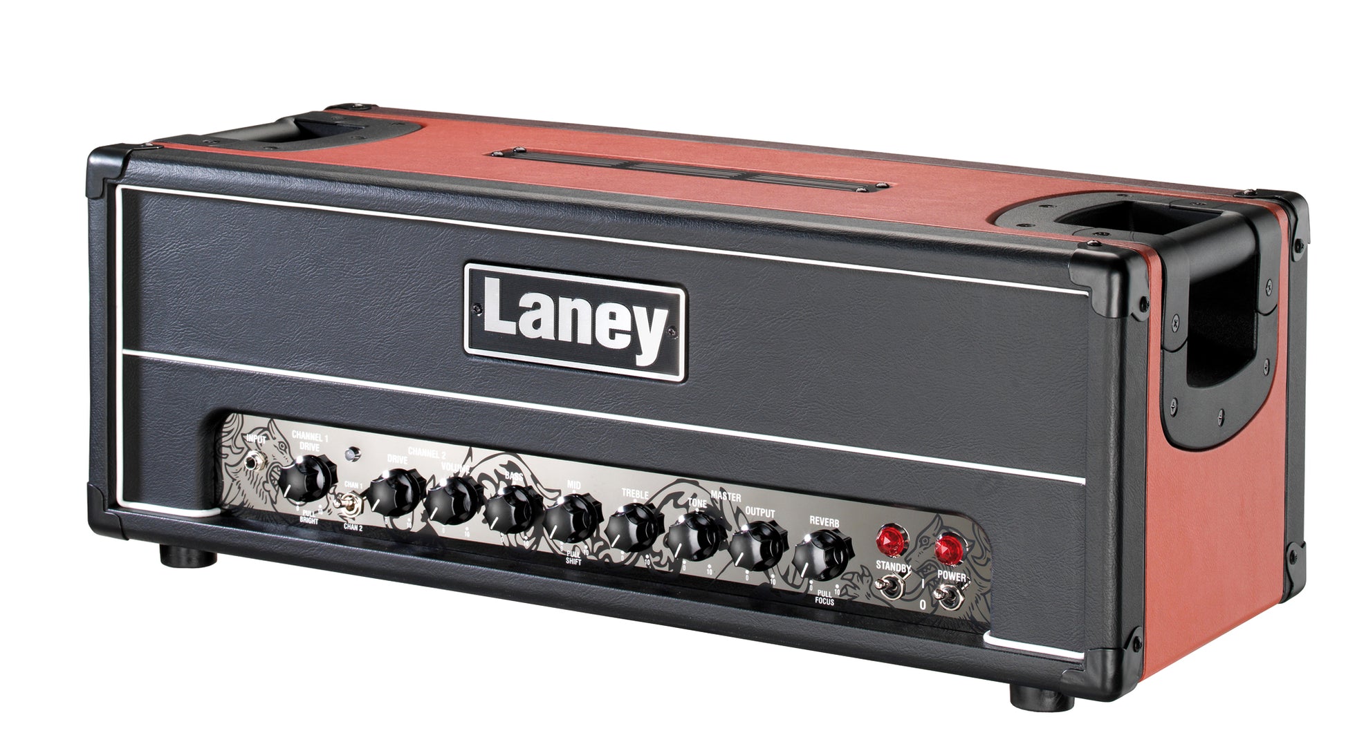 Tête à lampes 100W Class A/B (4x EL34), préampli à lampes (4x ECC83), 2 canaux, EQ 3 bandes, réverb, 21.5 kg, rouge et noir