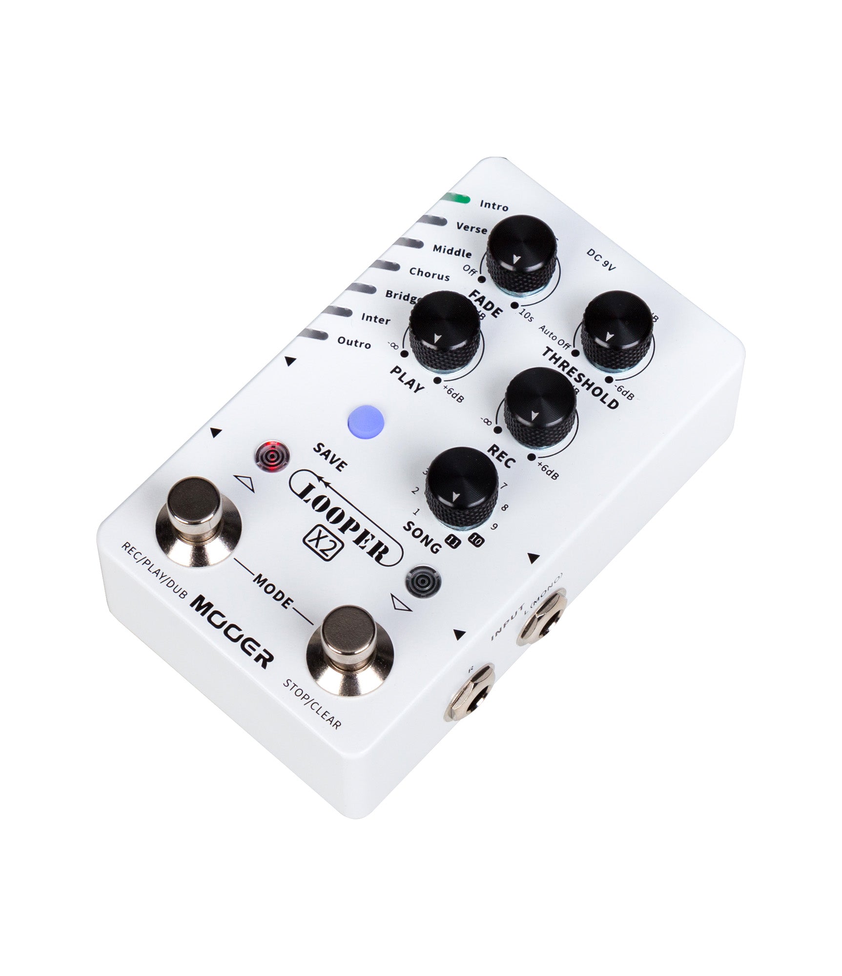 Pédale LOOPER X2, looper stéréo, 11 banques SONG avec 7 presets chacune, jusqu'à 300 minutes d'enregistrement, blanc