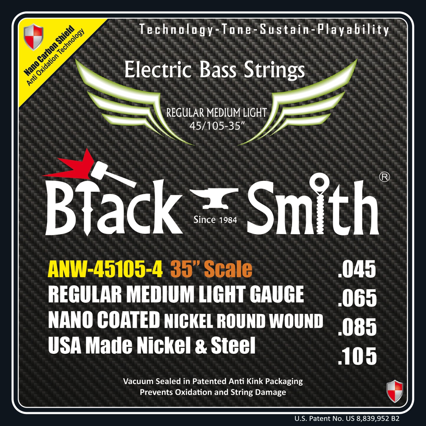 Jeu de cordes pour basse électrique 4 cordes (45-65-85-105), diapason 35", nickel filé rond, revêtement Nano Carbon AOT