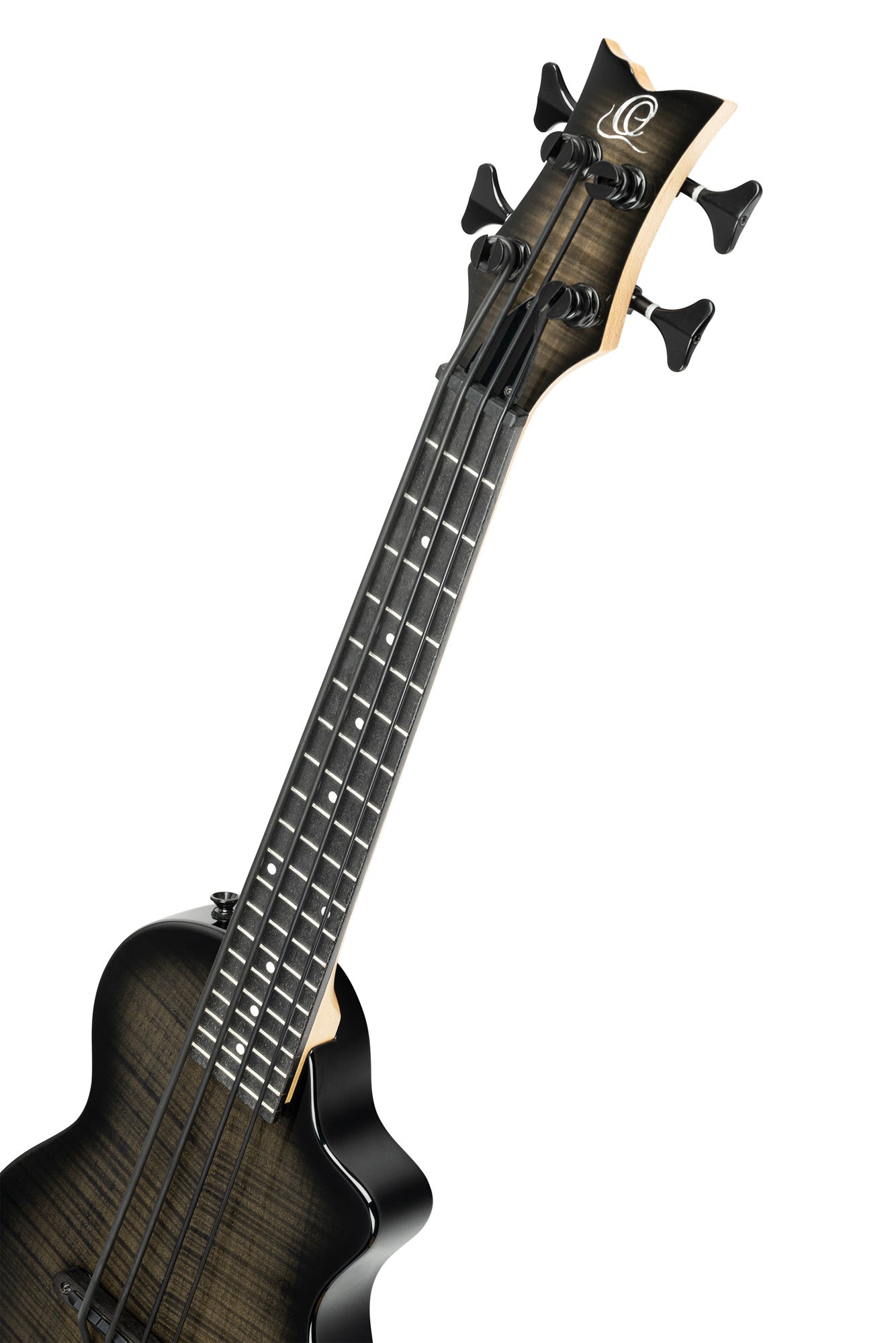NEO-BS-TGB, modèle Ukebass, pan coupé, EQ MagusExpress, table érable flammé, corps okoumé, manche érable, housse, gris