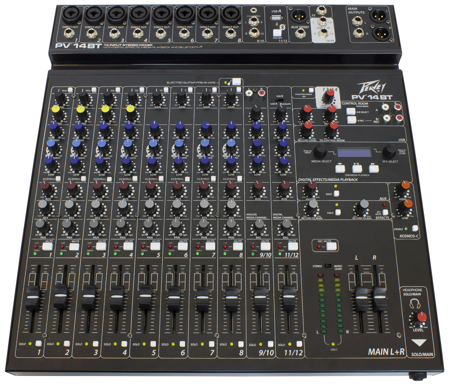 Table de mixage 14 canaux, 8 préamplis micro XLR/Jack, EQ 3 bandes, Bluetooth, effets numériques, entrée guitare Hi-Z, noir