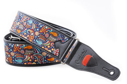 Courroie modèle KASHMIR BLEU, tissu, extrémités synthétique, largeur 6 cm, longueur 90 à 150 cm, porte-médiators intégré, unic