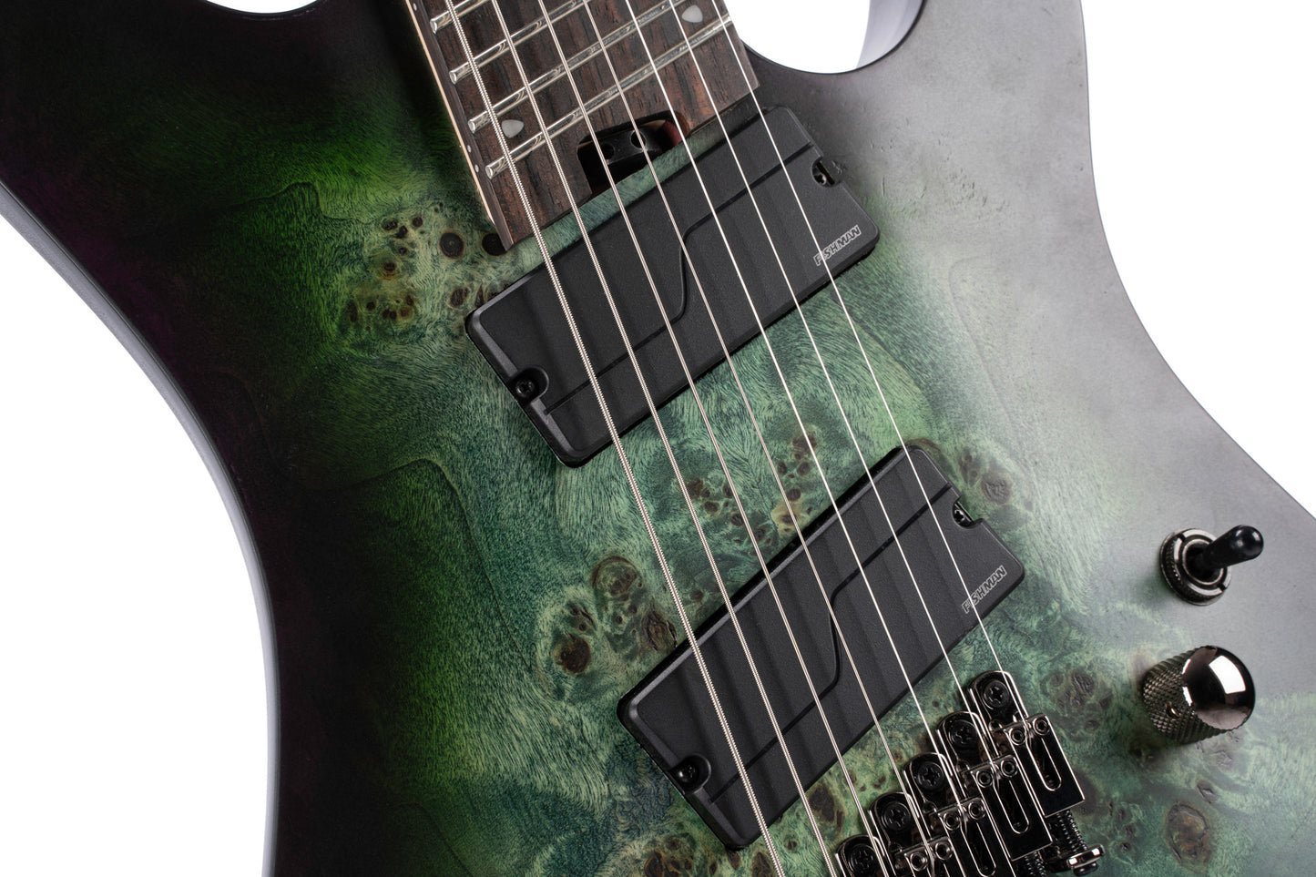 KX507MS, modèle 7 cordes, corps acajou, table peuplier figuré, touche ébène, micros Fishman Fluence, star dust green