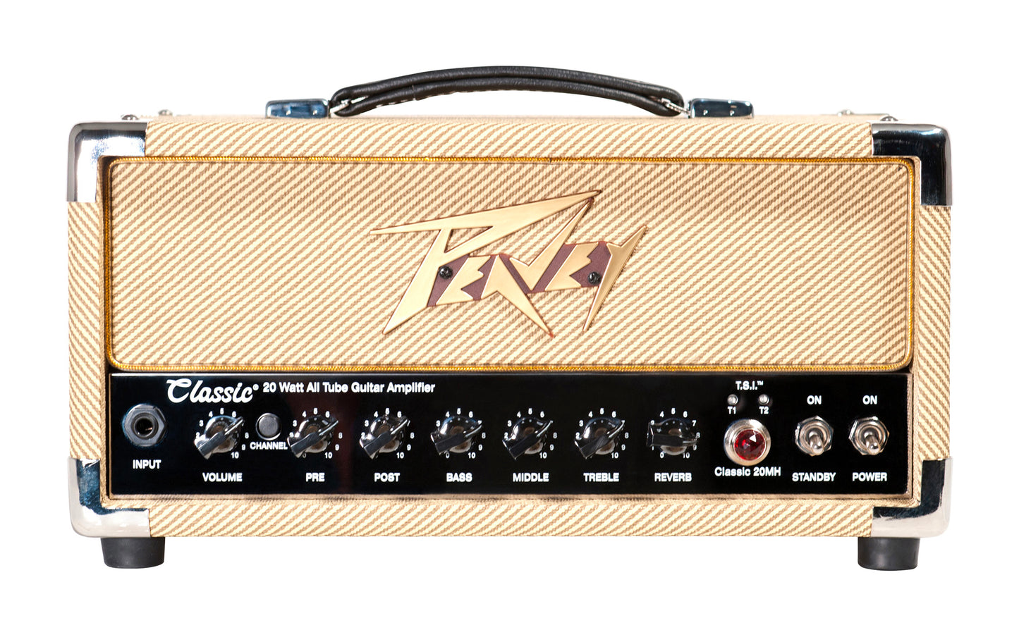 Tête amplifiée à lampes compact 20W, 2 canaux, EQ 3 bandes, Reverb, pédalier inclus, sortie DI, sortie casque, finition tweed