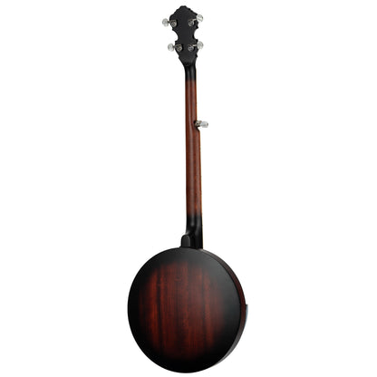 OBJ150, banjo 5 cordes, 18 tirants, fond & éclisses acajou, manche acajou, touche palissandre, whiskey burst satiné