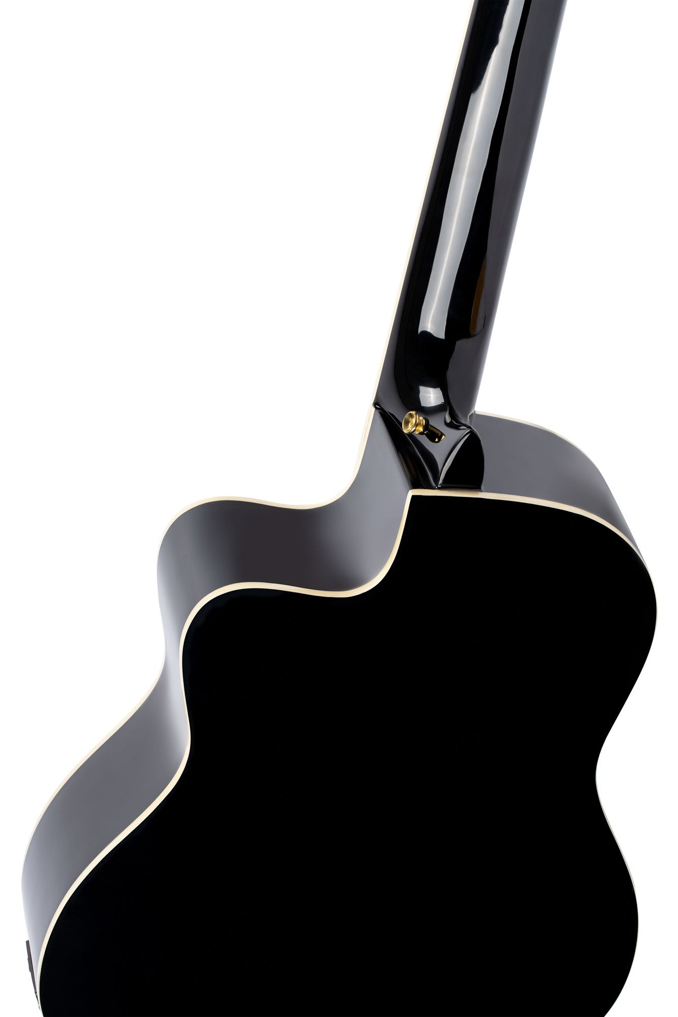 RCE141, pan coupé, EQ Ortega MagusPro, table épicéa massif, manche acajou (52 mm), noir brillant