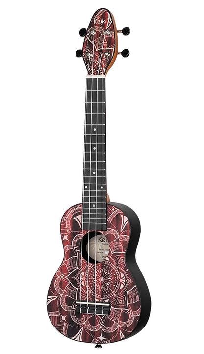 K2SS-RKC, pack ukulélé Soprano Superscale, table agathis design kaléidoscope, corps ABS galbé, accessoires, rouge satiné