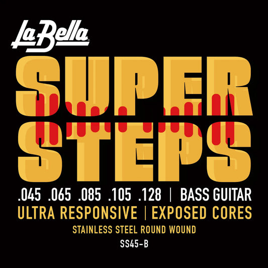 Jeu pour basse électrique SUPER STEPS, acier inoxydable, filé rond avec âme exposée, 5 cordes Custom Light (45-65-85-105-128)