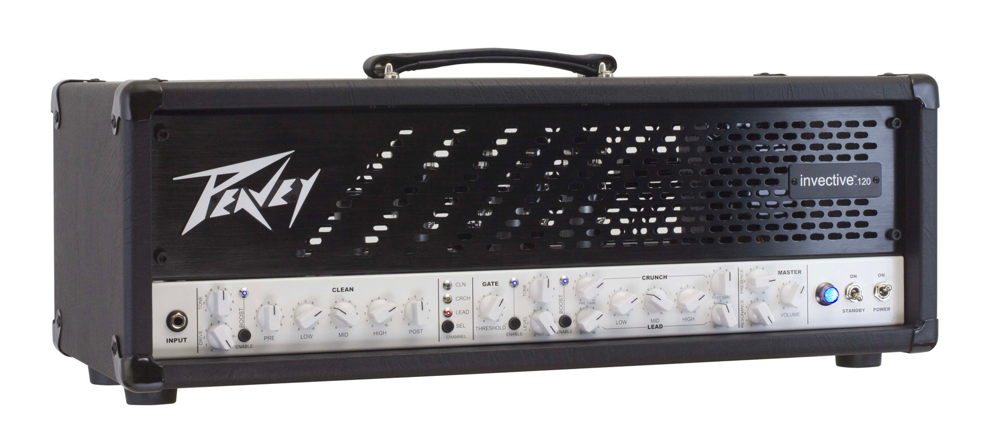 Tête amplifiée à lampes 120W, 3 canaux, EQ 3 bandes, Gate, Boost, développé en collaboration avec Misha Mansoor, finition noir