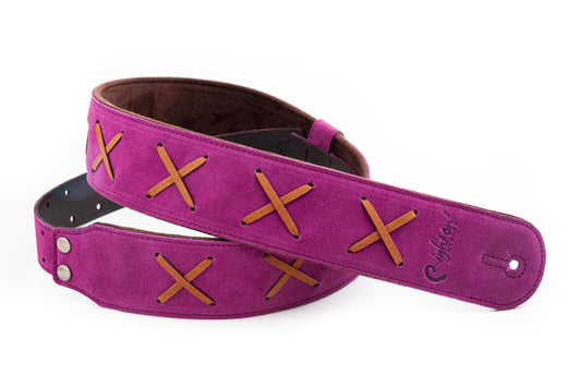 Courroie modèle LEGEND DG, cuir haute qualité, largeur 6 cm, longueur 100 à 145 cm, porte-médiators intégré, violet