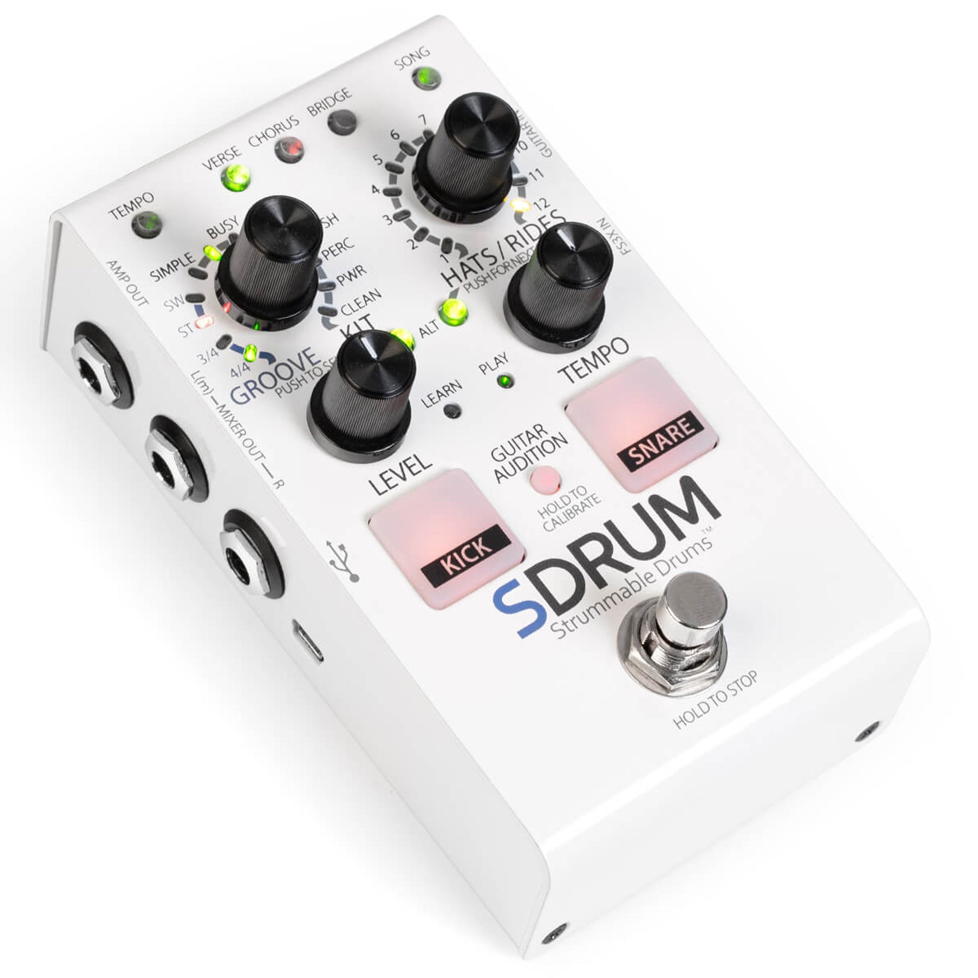 Pédale SDRUM, boîte à rythmes intelligente pour guitaristes et bassistes, 5 kits de batteries différents, blanc