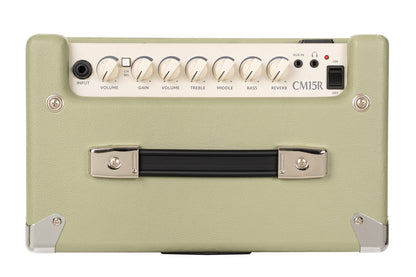 Ampli guitare 15W, 1 x 8", 2 canaux, égaliseur 3 bandes, réverb, entrée CD/MP3 mini-Jack, sortie casque mini-Jack, vert pale
