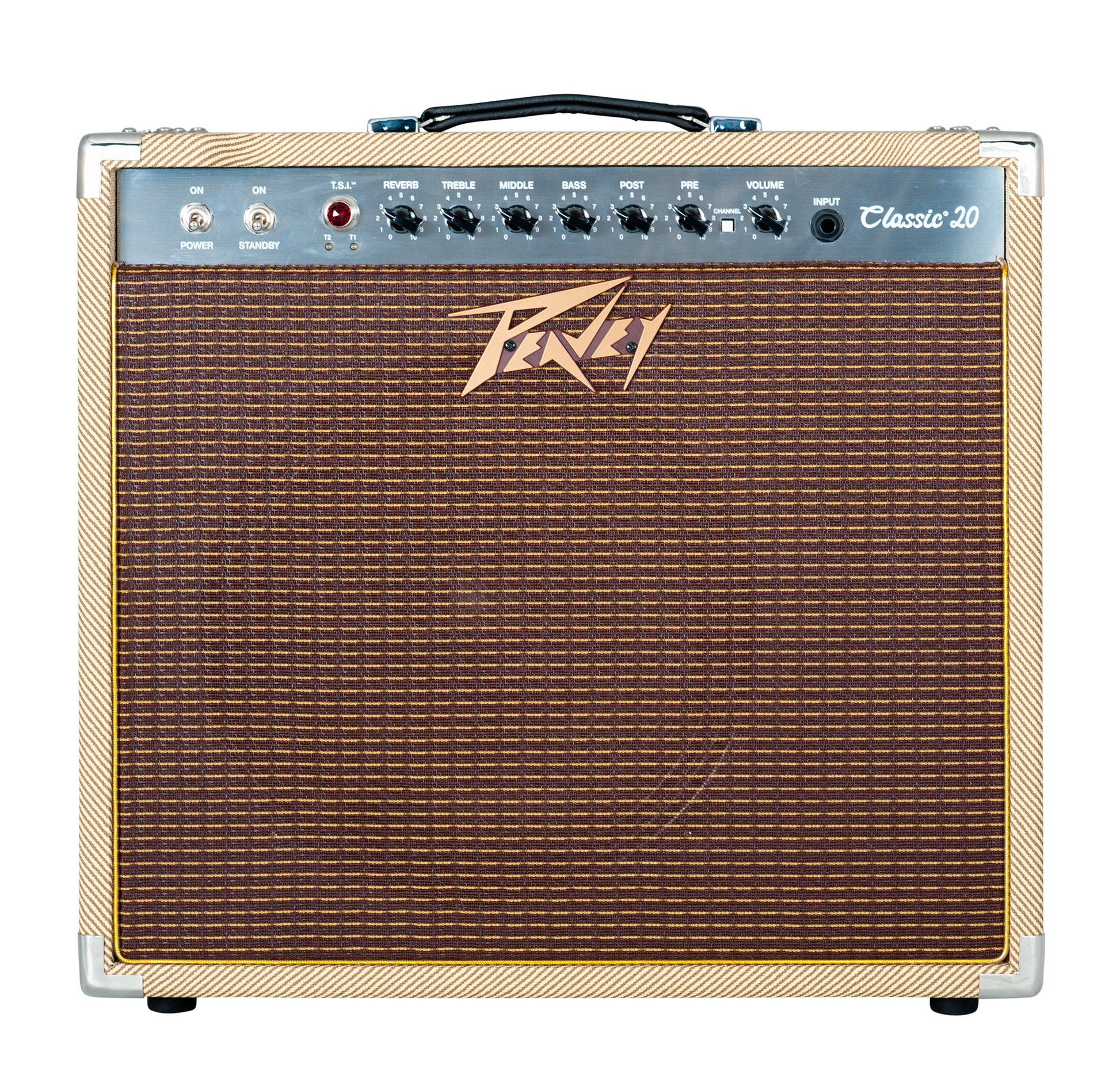Ampli à lampes 20W, HP 1x 12", 2 canaux, EQ 3 bandes, Reverb intégrée, pédalier inclus, sortie DI, sortie casque, finition tweed