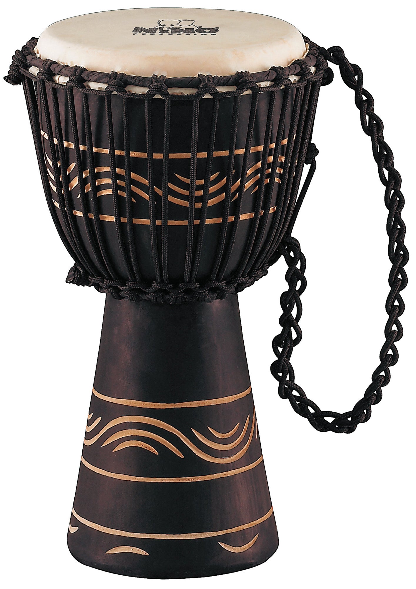 Djembé 8" (small) style africain série Moon, fût acajou, peau chèvre sélectionnée, cordage pré-étiré, gravé main, noir